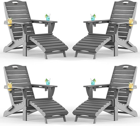 Adjustable Adirondack Chairs Set of 4 with Retractable Ottoman, HDPE Folding Adirondack Chair with Cup Holders, Weather Resistant for Backyard, Poolside & Fire Pit (Grey)