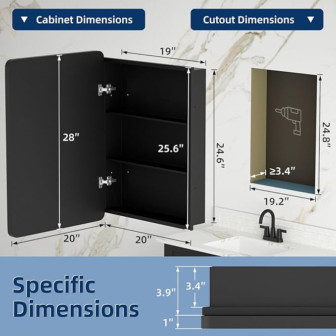 Medicine Cabinet 20 x 28 Inch, Black Bathroom Medicine Cabinet with Mirror,Metal Beveled Mirror, Adjustable Shelves, Recessed or Wall Mount, Sturdy & Solid, Bathroom Mirror with Storage