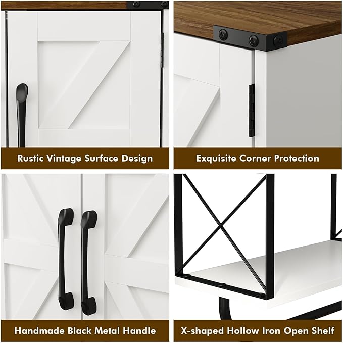 RUSTOWN Farmhouse Rustic Medicine Cabinet with Two Barn Door,Wood Wall Mounted Storage Cabinet w/Dark Brown Top & Adjustable Shelf and Towel Bar, 3-Tier Cabinet for Bathroom(White)