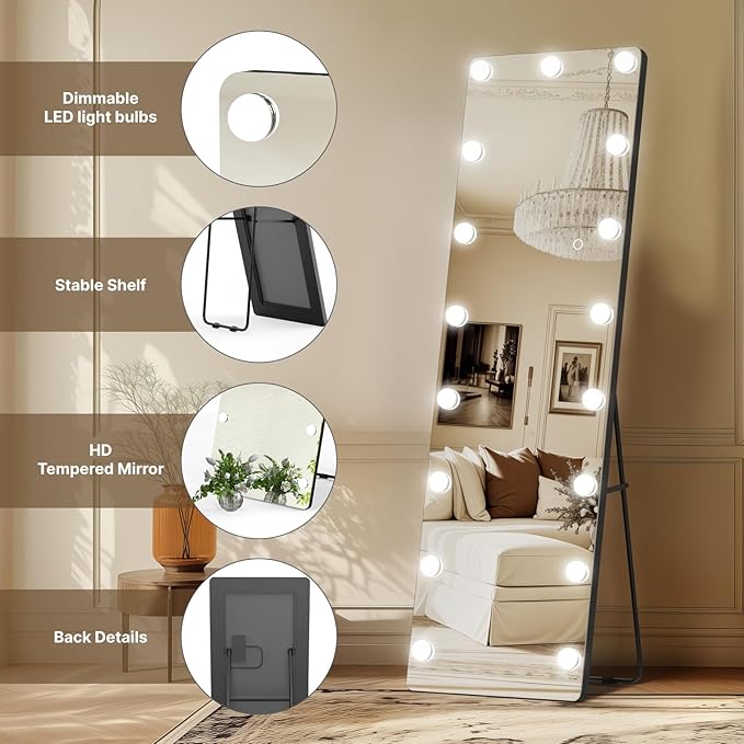 Kosmonia 56x18 Hollywood Full Length Mirror with Light, 17 Dimmable Bulbs & 3 Color Smart Touch Control, Distortion Free, Tempered Glass, Safe Full Body Mirrors with Stand