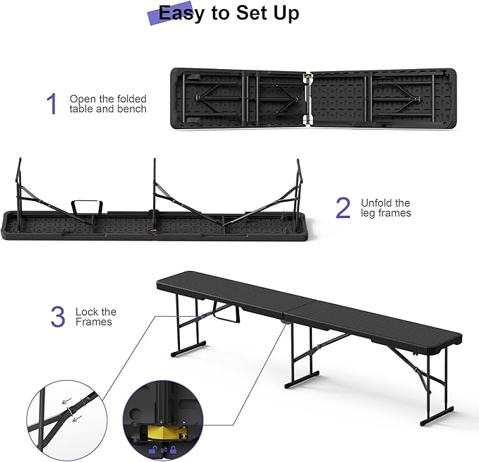 VSOAEIL 6 Foot Folding Bench, Portable Plastic Folding Bench Seat, Foldable Seat for Indoor Outdoor Picnic Camping Dining, Soccer Garden Multipurpose Entertaining Activities, Black Rattan, 1 Pack
