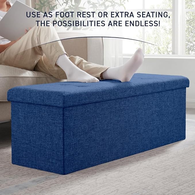 Ornavo Home Folding Storage Ottoman, 43 Inch Extra Large Storage Bench with Lid, Foot Rest Stool for Bedroom, Living Room, Entryway, Tufted Linen Upholstered - Navy Blue