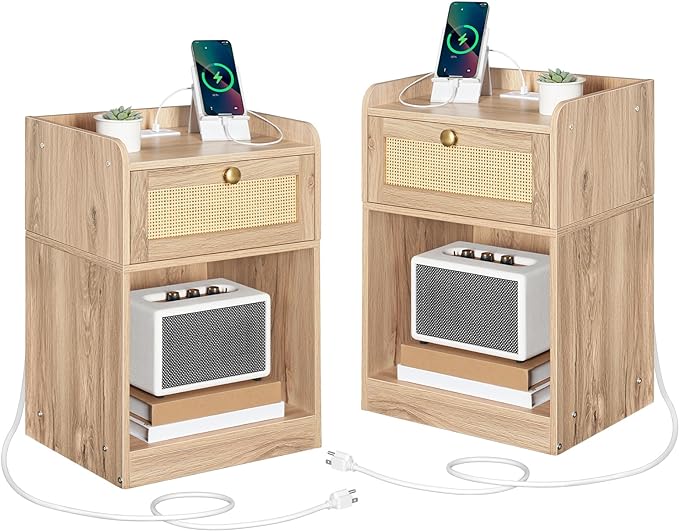 CHOEZON Rattan Nightstands Set of 2 with Charging Station, Boho Nightstand, Rattan Bedside Tables with Drawer, Storage Side Table with 2 USB Ports, Bedroom, Natural MBZ01UP2WO