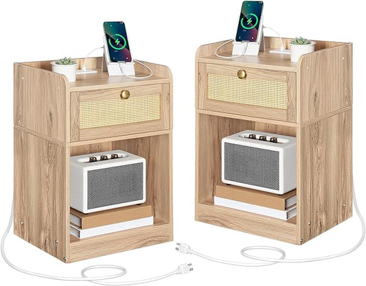 CHOEZON Rattan Nightstands Set of 2 with Charging Station, Boho Nightstand, Rattan Bedside Tables with Drawer, Storage Side Table with 2 USB Ports, Bedroom, Natural MBZ01UP2WO