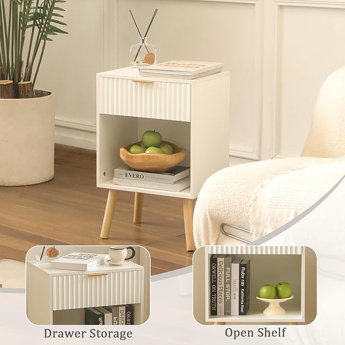 Fultyle White Nightstand, Modern Bedside Table with Drawer and Opening Storage, Fluted End Side Table Living Room with Solid Wood Legs for Bedroom (White)