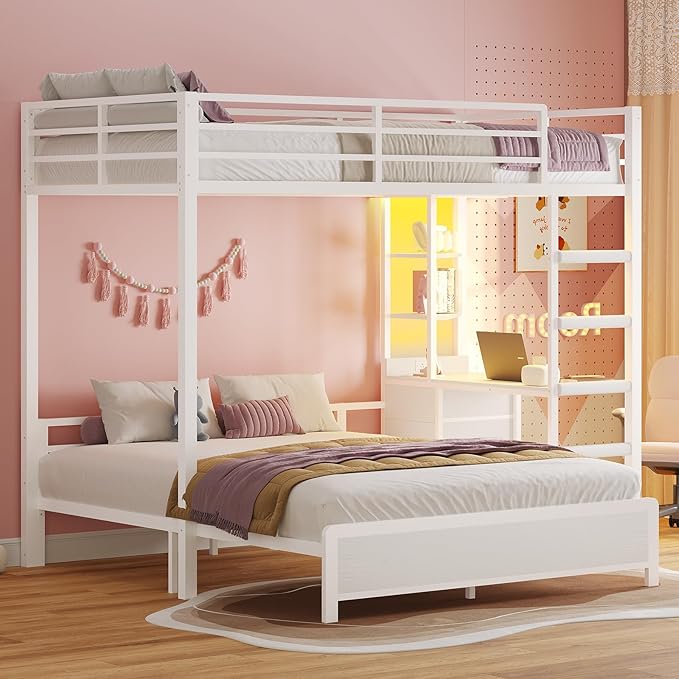 ADORNEVE Twin Over Full Bunk Bed with Desk, Bunk Beds Twin Over Full Size with Charging Station & Led Lights, Storage Drawers & Shelves, Loft Bed with Safety Guardrail & Ladder for Kids/Teens, White