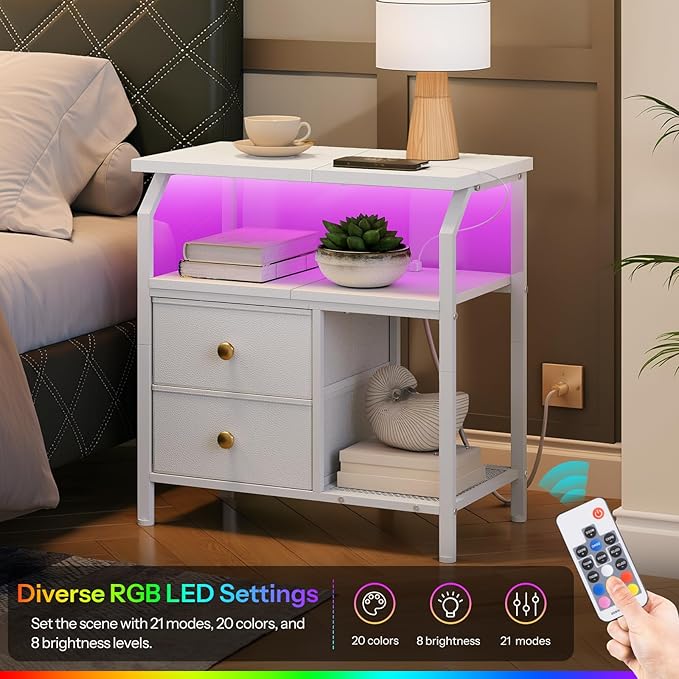 HOOBRO 23 inch Wide Nightstand with Charging Station and LED Light, Night Stand with 2 Fabric Drawers, Bedside Table, Dresser with Open Storage Shelf, End Side Table for Bedroom, White WT160UDBZ01