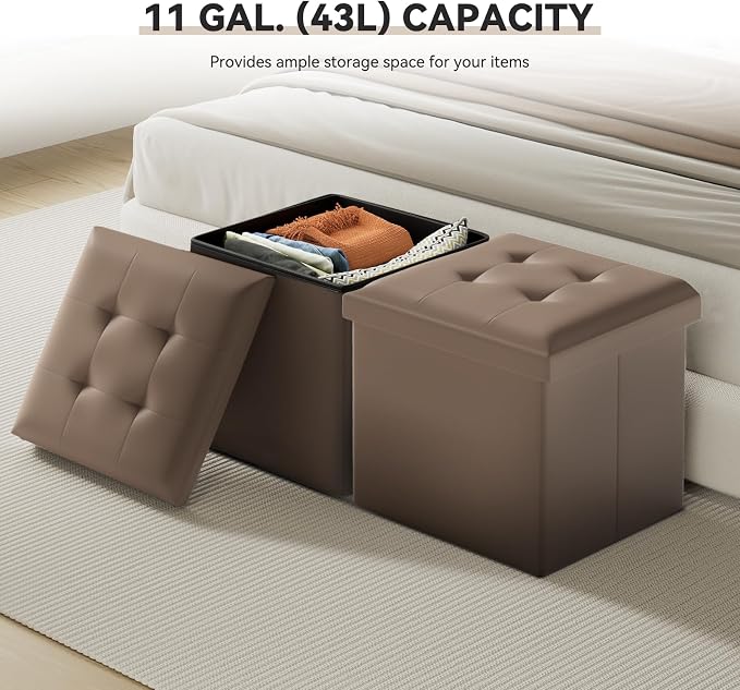 Storage Ottoman Bench, 15 Inch Ottoman Foot Rest, End of Bed Bench, Storage Chest for Living Room, Bedroom, Entryway, Brown