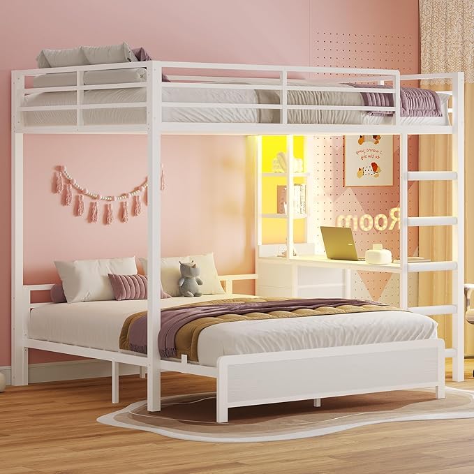 ADORNEVE Bunk Bed with Desk, Full Over Full Bunk Beds with Charging Station & Led Lights, 4 Storage Drawers & 2 Open Storage Shelves, Metal Loft Bed with Safety Guardrail & Ladder for Kids/Teen, White