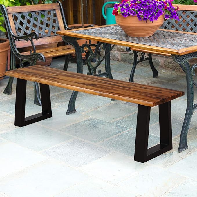 Giantex 57.5" Live Edge Acacia Wood Bnech, 3-Person Backless Outdoor Dining Bench with Metal Legs & Adjustable Foot Pads for Entryway, Balcony, Porch, Backyard, Garden and Poolside (2 Pack)