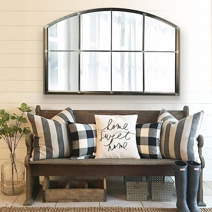 WAMIRRO Wide Window Pane Black Mirror,Farmhouse Arched Wall Mirror,Mantel Mirror for Fireplace/Entryway/Hallway/Living Room,42“X28” (Vintage Retro-Grey Wide)
