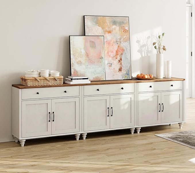 WAMAPT Buffet Cabinet with 6 Doors and 3 Drawers, Large Coffee Bar Table Wood Kitchen Storage Cabinets, Modern Farmhouse Sideboard Credenza for Dining Room, White, 101 inch