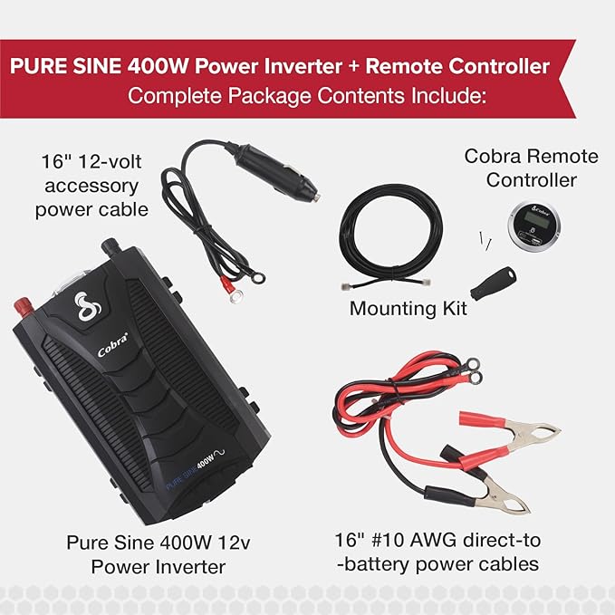 Cobra CPI400PSW Pure Sine Portable Power Inverter with Compatible Cobra CPIALCDG1 Remote Controller: 2 Grounded AC Outlets, 2 Fast Charge USB Ports, Remote On/Off, 4 Mounting Options, Black