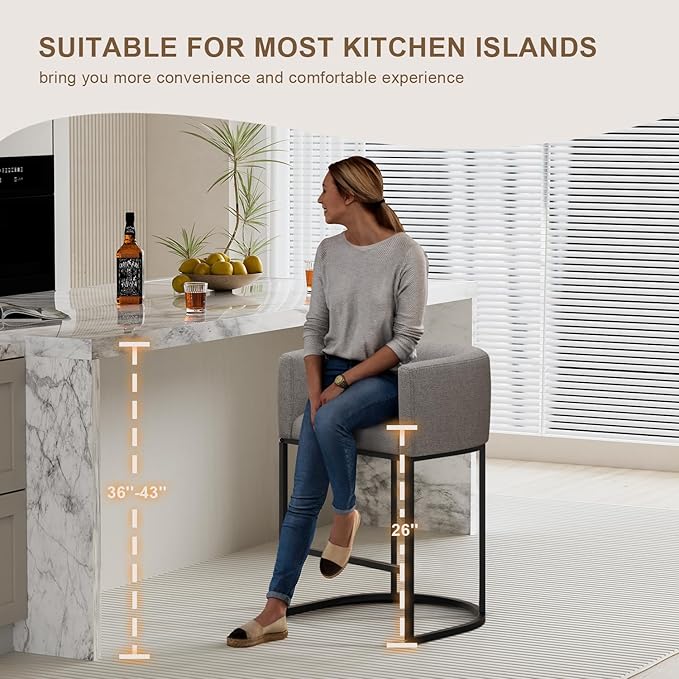 26" H Counter Height Bar Stools Set of 4, Modern Barrel Counter Stools with Backrest and Arms, Linen Fabric Upholstered Accent Barstools for Kitchen Island,Support 450 LBS (Gray)