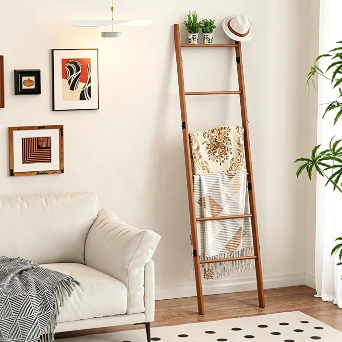 BAMBANG 6-Tier Blanket Ladder for Living Room, Blanket Quilt Ladder Rack Rustic Decorative Towel Holder, Wall Leaning Blanket Ladder Shelf Storage Farmhouse Decor for Bedroom Bathroom, Tea Brown