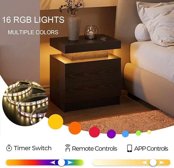LED Nightstand with 2 Drawers,Modern Nightstand for Bedroom,Black Night Stand with LED Lights, LED Bedside Tables for Bedroom