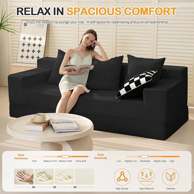 Erament 3 Seater Boneless Couch Sofa Bed, 78'' Corduroy Oversized Loveseat Folding Sofas Bed, Compression Convertible Futon Floor Couch Sofa Beds with 3 Pillows for Living Room Bedroom Apartment