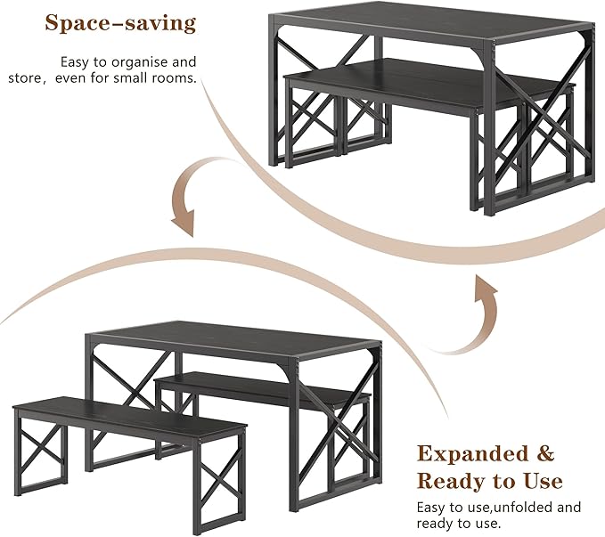 VECELO 55” Kitchen Dining Table Set for 4, Heavy-Duty Steel Frame & Wood-Grain Tabletop, Space-Saving Dinette Sets with 2 Benches for Breakfast Nook and Small Space, Black