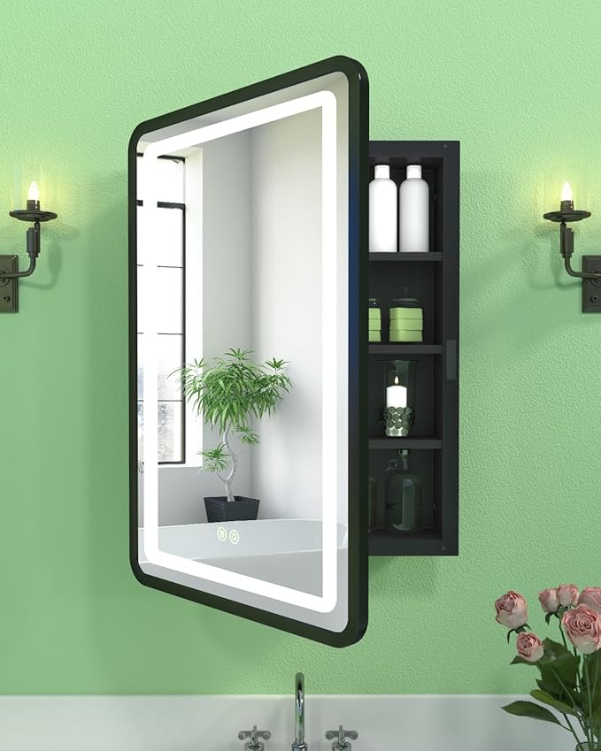 20x30 Inch Lighted Medicine Cabinet with Mirror, LED Bathroom Mirror with Storage Wall Mounted & Recessed Mounted, Anti-Fog, Dimmable 3 Lighting Colors, Memory Function, 3 Shelves & 1 Organizer, Black