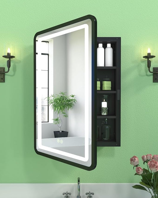 20x30 Inch Lighted Medicine Cabinet with Mirror, LED Bathroom Mirror with Storage Wall Mounted & Recessed Mounted, Anti-Fog, Dimmable 3 Lighting Colors, Memory Function, 3 Shelves & 1 Organizer, Black
