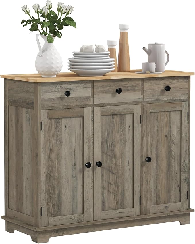 HOMCOM Sideboard Buffet Cabinet with Solid Wood Countertop, Modern Kitchen Storage Cabinet, Coffee Bar Cabinet with 3 Drawers, Doors and Adjustable Shelf, Distressed Gray