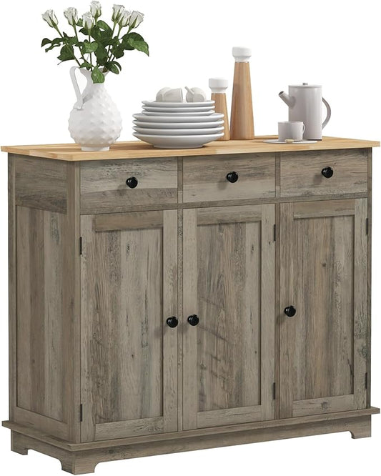 HOMCOM Sideboard Buffet Cabinet with Solid Wood Countertop, Modern Kitchen Storage Cabinet, Coffee Bar Cabinet with 3 Drawers, Doors and Adjustable Shelf, Distressed Gray
