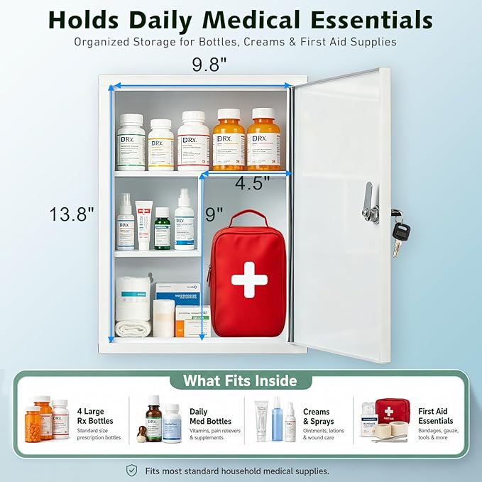 KYODOLED Wall Mount Locking Medicine Cabinet, Large Capacity First Aid Cabinet for Bathroom, Medicine Cabinet with Key, Secure Steel Lock Box for Medication, 15.75" H x 11.82" W x 4.72" D, White