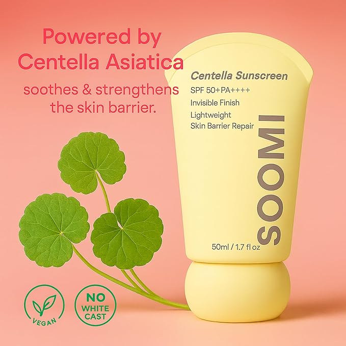 Soomi Skin Centella Sunscreen 50ml SPF 50 Centella Asiatica Korean Face Sunscreen for Sensitive Skin, No White Cast, Lightweight Hydrating Sun Protection, Skin Barrier Repair, Niacinamide