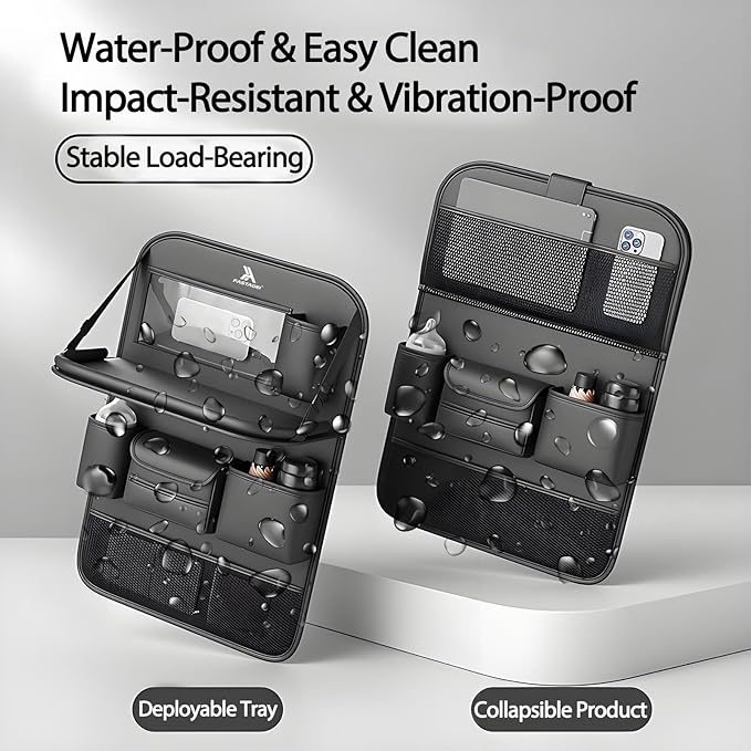 2 Pack Universal Foldable Car Backseat Organizer with Table Tray, Car Seat Back Protector with Touch Screen Phone Holder, Premium Leather Kick Mats with Storage Pockets Tissue Box (Black)