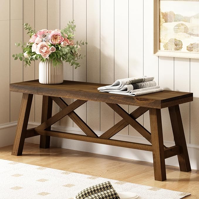 Wnutrees 43" Farmhouse Wood Bench, Rustic Solid Wood Entryway Bench Seat with Double X-Structure for Dining Area Living Room Hallway, Structural Stability, Natural
