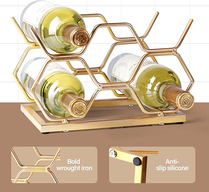 Countertop Wine Rack - 5 Bottle Freestanding Modern Gold Metal Small Wine Rack - Tabletop Wine Holder Stand for Cabinet, Pantry, Wine Bottle Storage…