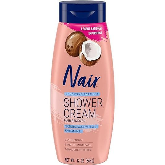 Nair 敏感肌用シャワークリーム、ココナッツオイルとビタミンE配合の素早く簡単な除毛クリーム、12 oz