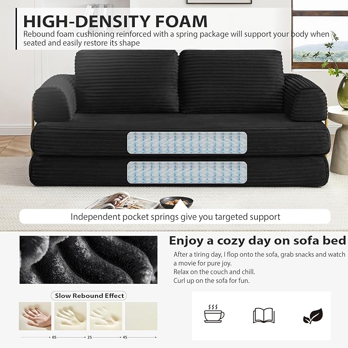 HANXIN 80 Inch Convertible Sleeper Sofa Bed, High Back Plush Corduroy Folding Floor Mattress Couch with Fixed-Shape Frame, Boneless Futon Loveseat with Pull Out Bed, No Assembly Required (Black)
