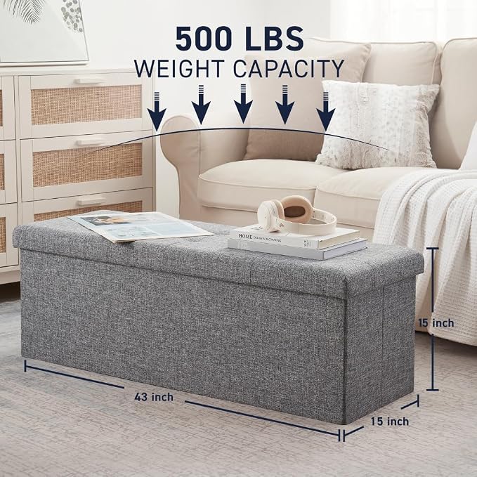 Ornavo Home Folding Storage Ottoman, 43 Inch Extra Large Storage Bench with Lid, Foot Rest Stool for Bedroom, Living Room, Entryway, Tufted Linen Upholstered - Gray