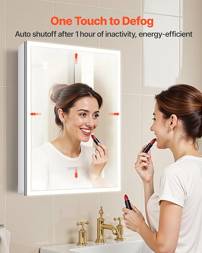 VEVOR Lighted Medicine Cabinet with Mirror, 20 x 28 in Recessed or Wall Mount, 3 Color Dimmable LED Bathroom Medicine Cabinet with Sensor Light, Adjustable Shelve Storage, Memory Defog Function