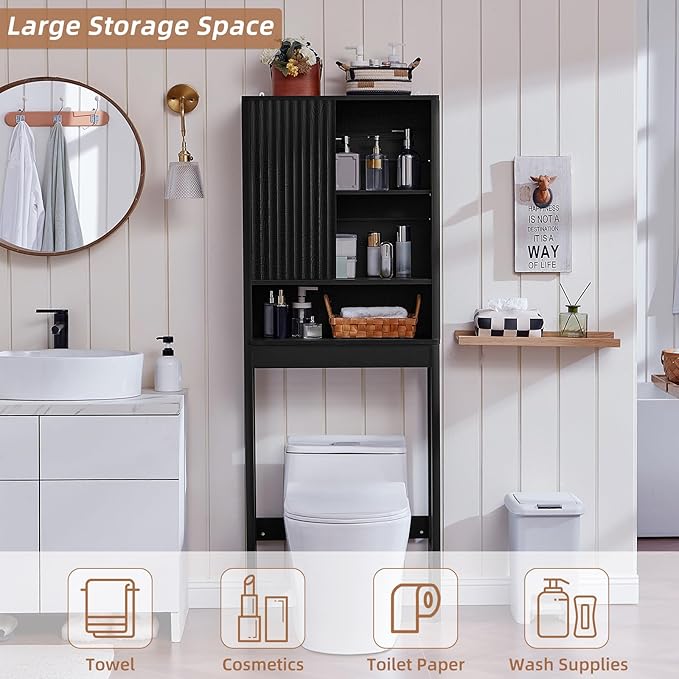 LEYAOYAO Fluted Over The Toilet Storage Cabinet, Farmhouse Over Toilet Bathroom Organizer with a Sliding Door, 68" Tall Black Freestanding Washer Shelf with Adjustable Shelf & Curved Profile