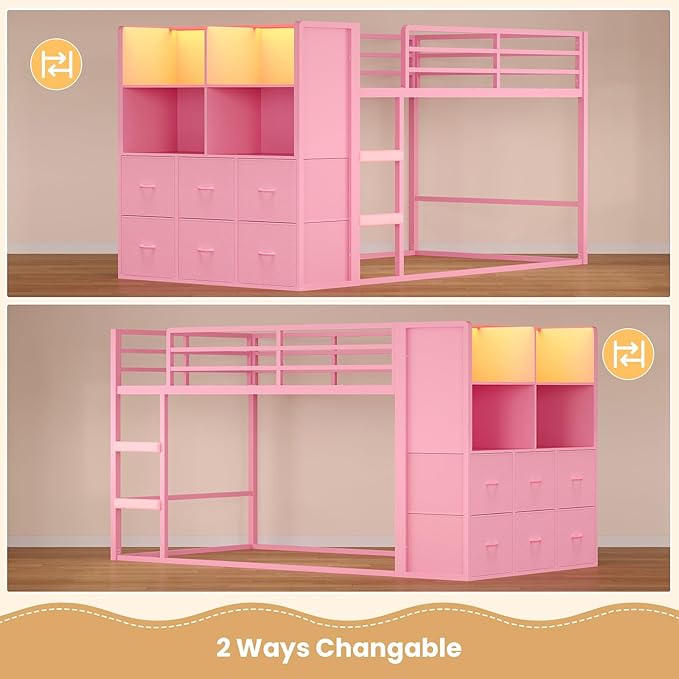 BTHFST Bunk Bed Twin Over Twin with 6 Large Fabric Drawers & 4 Storage Bookshelf, Metal Low Bunk Bed for Kids with LED Lights & Ladder and Guardrail, Space Saving, for Girls, Pink