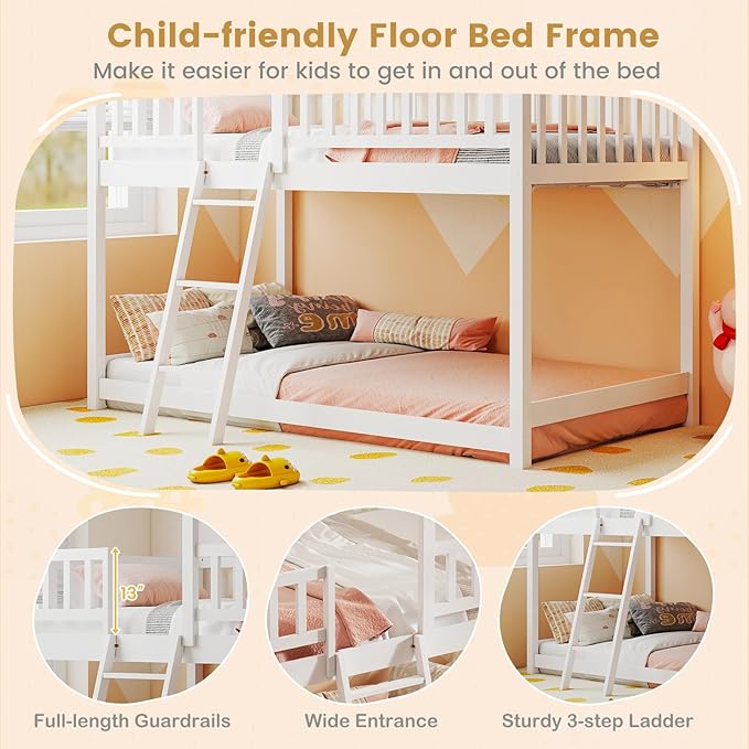 Giantex Twin Over Twin House Bunk Bed, Low Loft Bed Frame with Roof, Wood Bunk Bed with Ladder & Full-Length Guardrails, Twin Floor Bed for Kids Teens Boys Girls, No Box Spring Needed (White)