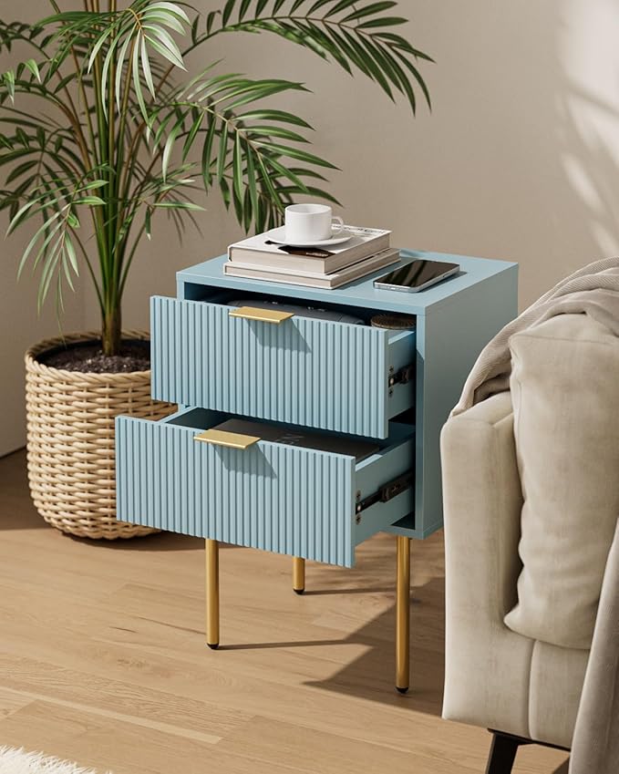 Aienvey Night Stand, Modern Nightstand with Drawers, Bedside Table, Gold Small Side Table for Bedroom, Living Room End Table (Blue Stripe, 2 Drawers)