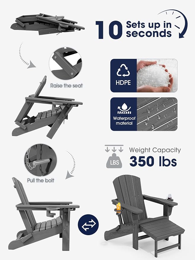 KINGYES Adjustable Folding Adirondack Chairs with Footrest & 2 Cup, HDPE Recliner Adirondack Chair with Ottoman, Grey