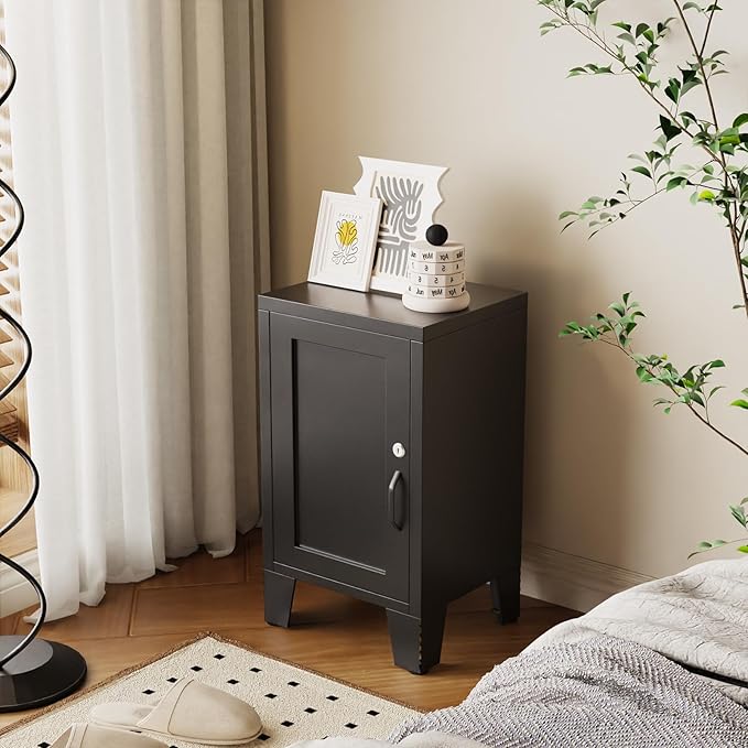 ALBAD Metal Nightstand with Lockable Cabinet, Compact Mini Locker Bedside Table for Kids & Adults, Modern Steel Side Table for Bedroom, Dorm, or Living Room (Black)