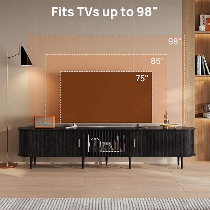 94.5" Fluted Mid Century Modern TV Stand for TVs Up to 80/85/86/90/98/100", Tambour Sliding Doors Entertainment Center with Storage&LED, Curved Media&TV Console Long TV Stands for Living Room, Black