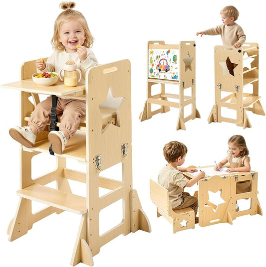 VEVOR 6-in-1 Toddler Kitchen Step Stool, Foldable Standing Tower with Blackboard & Whiteboard, Wooden High Chair for Toddlers, Kitchen Stool Helper with Detachable Stool, Montessori Table and Chair