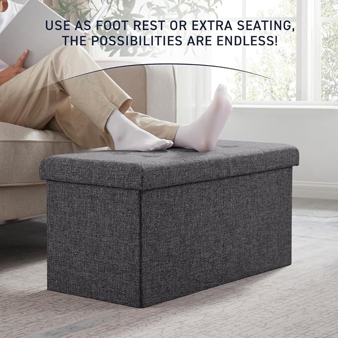 Ornavo Home Folding Storage Ottoman, 30 Inch Large Storage Bench with Lid, Foot Rest Stool for Bedroom, Living Room, Entryway, Tufted Linen Upholstered - Dark Gray