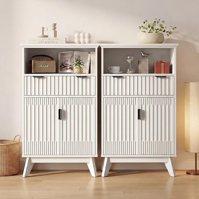 Fatmok Buffet Cabinet with Storage, 40" Modern Fluted Coffee Bar Cabinet with Drawer & Open Shelf, Wood Buffet Sideboard Console Table for Entryway, Kitchen, Living Room (White)