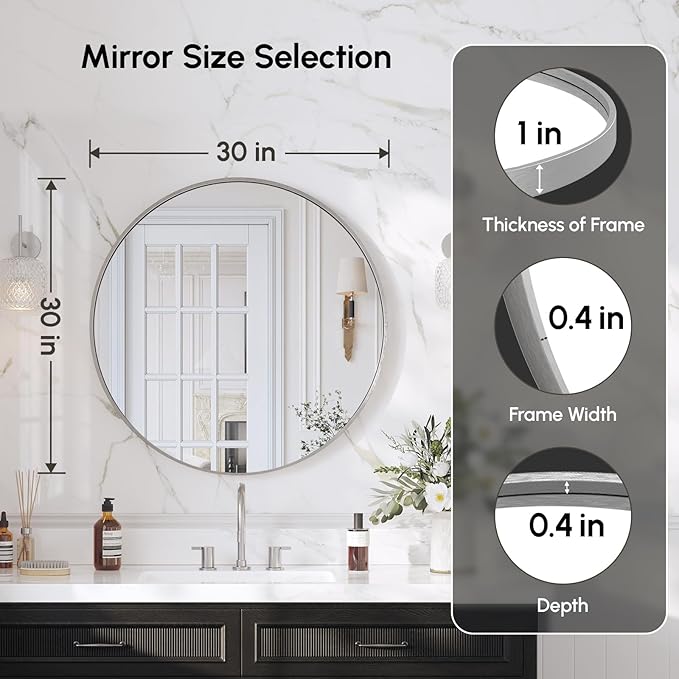 USHOWER Brushed Nickel Bathroom Mirrors for Over Sink, 30 Inch Circle Mirror with Metal Frame, Wall Mirror for Vanity, Entryway, Living Room, Hallway and Bedroom Decor