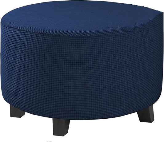 Stretch Ottoman Slipcover – Round Furniture Protector Fits 24"-29" Dia, for Footrests, Storage Ottomans & Folding Stools – Elastic Fabric Cover (Navy, Large)