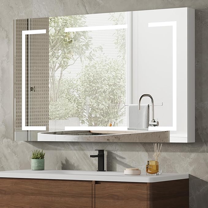 DEYGIA LED Medicine Cabinet with Mirror for Bathroom, Assembly-Free Lighted Medicine Cabinet, Defog, Stepless Dimming, 3 Colors, 2 Outlets, 2USB, Aluminum Wall Mounted Mirrored Cabinets, 48”Wx30“H
