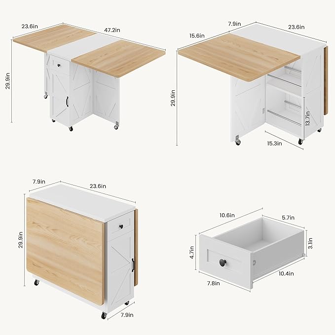 Folding Dining Table for Small Spaces, Space Saving Foldable Kitchen Table with Drawer & Storage Shelf, Rolling Drop Leaf Dining Table with Wheels for Dining Room (Natual 47.2" x 23.6" x 29.5")