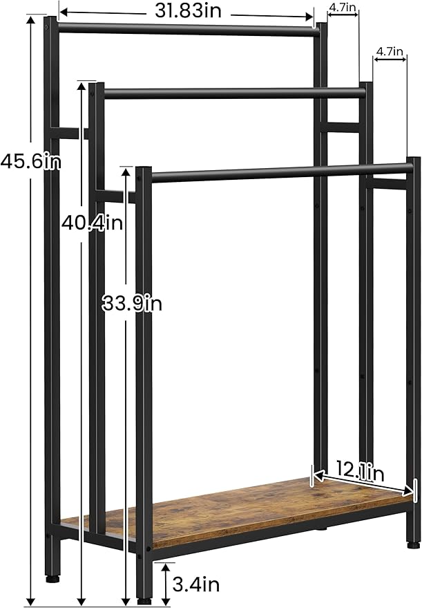 46" Extra Large Freestanding Towel Rack Stand for Bathroom, 3 Tier Blanket Ladder Holder, Outdoor Bath Towel Drying Rack with Shelf, Next to Tub or Shower, Quilt Rack, Rustic Brown and Black